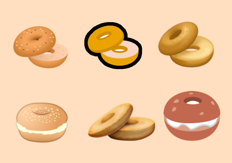 Bagel emojis, clockwise from Top Left: EmojiOne, Microsoft, Samsung, Google, Emojipedia, Twitter