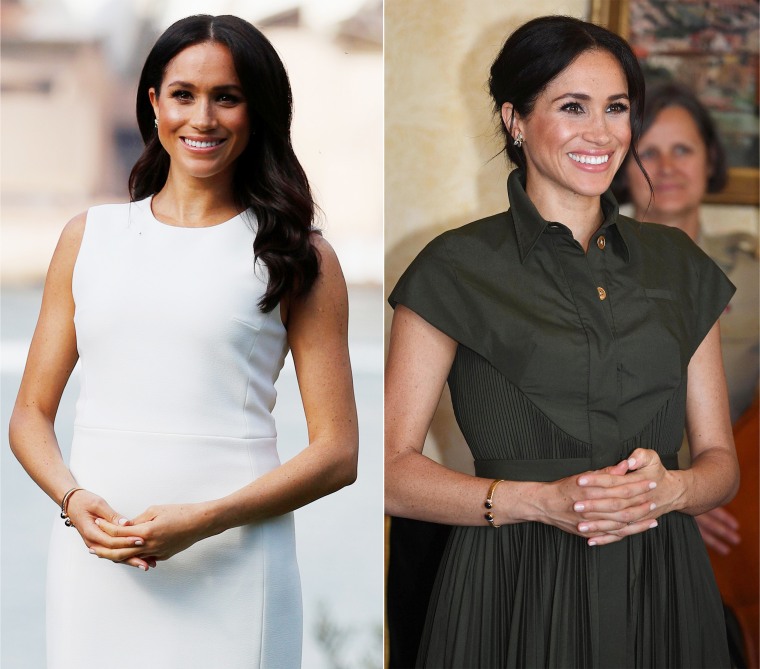 Meghan, the Duchess of Sussex started off her day in a white shift dress designed by Karen Gee, and later changed into a Brandon Maxwell olive shirt dress.