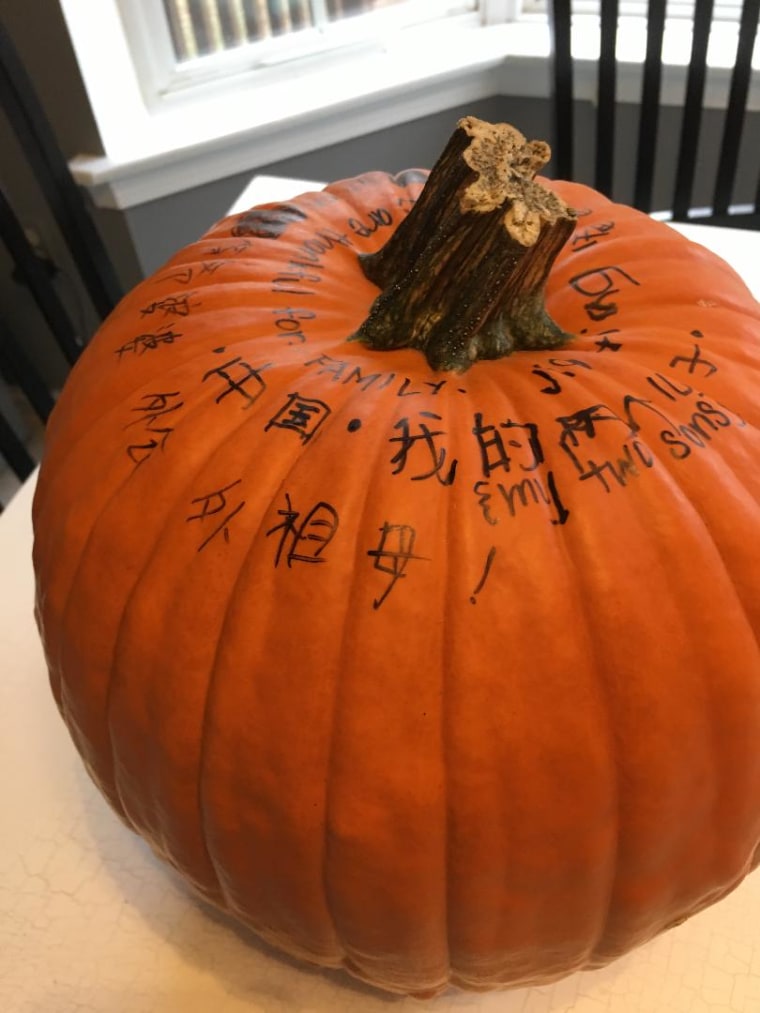 Last year, Latta's family welcomed a new son just in time to show him the Thankful Pumpkin tradition. Nathan, 11, wrote the things he was grateful for in Chinese, his native language.