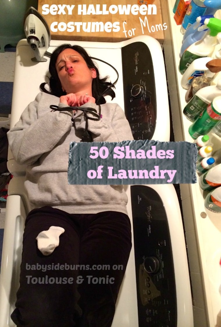 She can't answer the door right now, Mr. Plumber. She's all tied up with the laundry! 50 Shades of Grey will have nothing on you when you spend a sizzling Halloween in your laundry room in our "50 Shades of Laundry" costume. The dinginess of the sweatshirt and the holes in your college sweatpants make this outfit the ONLY things clean in your entire house - including YOU!  There's an inner goddess in there somewhere! Be sure to complete the look with your own bored housewife bondage fantasies and our life-sized cut out of Christian Grey. One size fits the lowest common denominator.