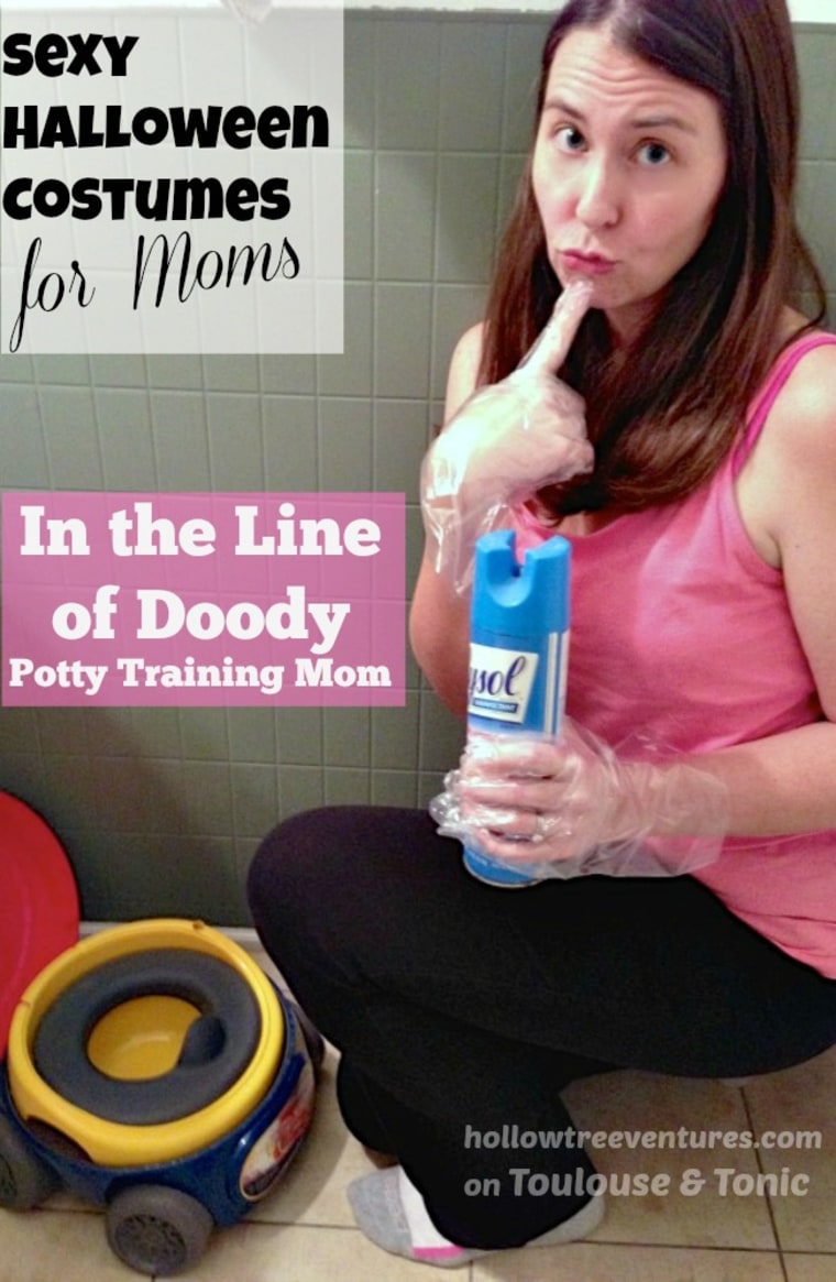 You'll be #1 (and  #2!) when you out pout your toddler this Halloween in our "In The Line Of Doody" Potty Trainer costume!  Slipping seductively into this costume is easy but getting out of it can take forever. But no one (else) will mind as long as you keep that captivating come hither look on your face and a can of Lysol in your hand! Accessorize with the potty chair of your choice and a look of utter exasperation!