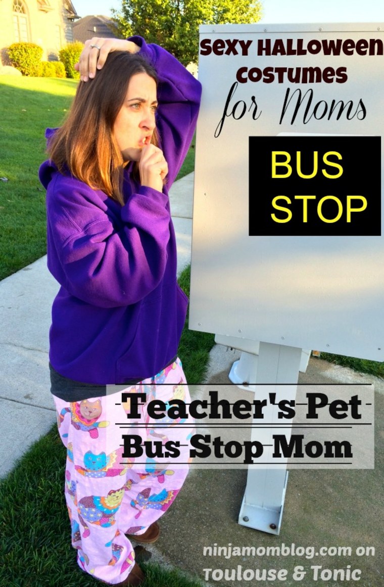 You'll be the cat's pajamas in our Teacher's Pet School Bus Stop Mom Halloween costume! Just listen to you purrrrr as your children board that big yellow school bus leaving you with 7 hours to be the bad bad bad bad housewife you are. The look includes our "it's getting hot in herrre" purple fleece pullover and fetching feline pajama bottoms that hide every curve. Complete this classic look with a tube of Carmex and all the great intentions in the world to actually be productive today.