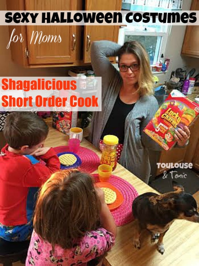 Oh are you hungry? Well, our Shagalicious Short Order Cook has something you can put in your mouth! What's that I see? A DOG on the TABLE? That's right. She's in violation of every health code imaginable but she's still gonna make you drool for her goodies in our red and white polka dot apron and giant gray robe. Just add last night's empty wine bottle, at least two kids who always want something different to eat and a rescue pup to actually eat the stuff you made. Order up!