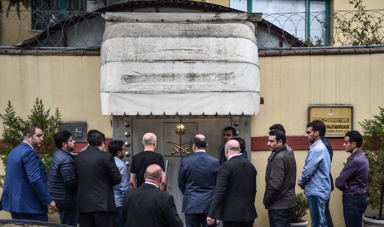 Saudi investigation delegation enter the consulate before Turkish forensic police and investigation delegation arrive at the Saudi Arabian consulate in Istanbul, Turkey, on Oct. 15, 2018 in Istanbul.