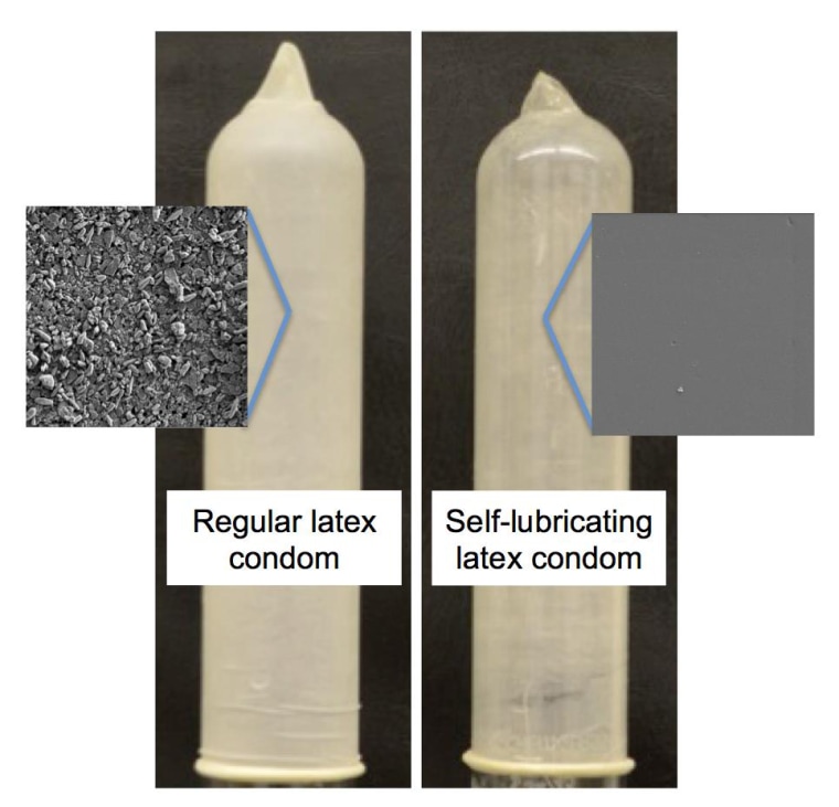 A regular condom, left, and self-lubricating condom that becomes slippery in the presence of water or aqueous fluid