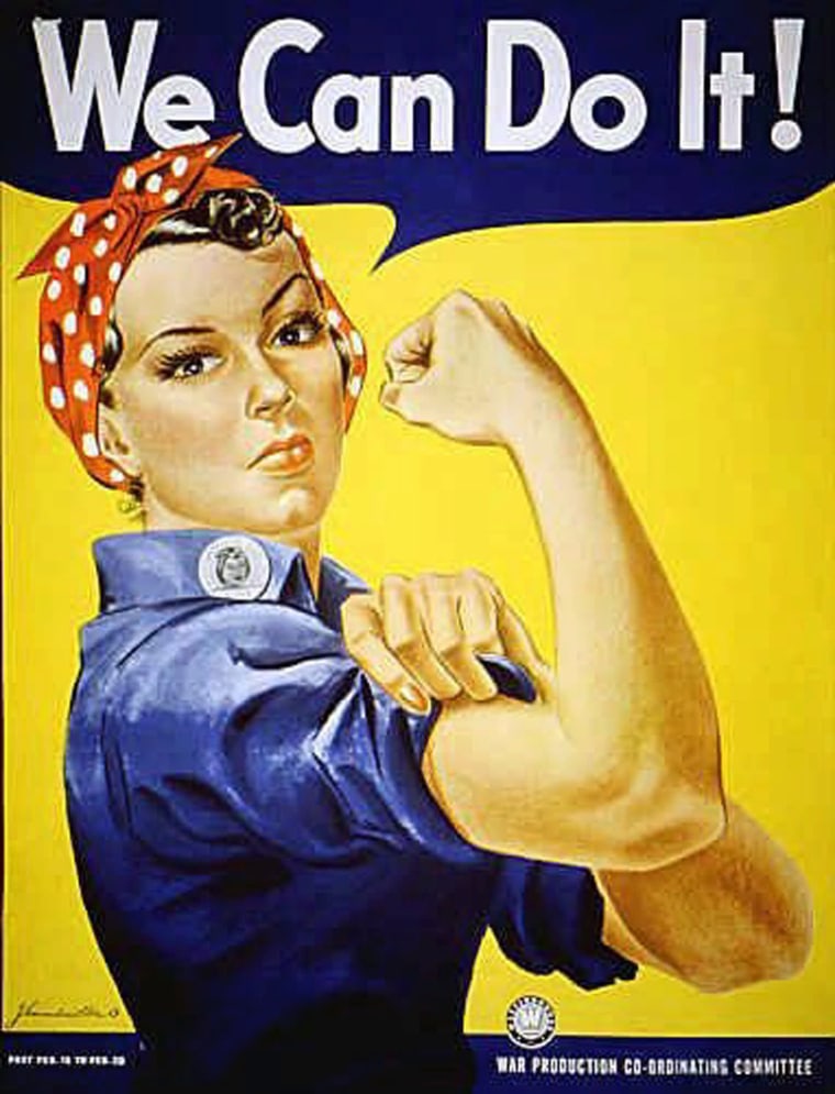 Image: "Rosie the Riveter" dressed in overalls and bandana was introduced as a symbol of patriotic womanhood in the 1940s