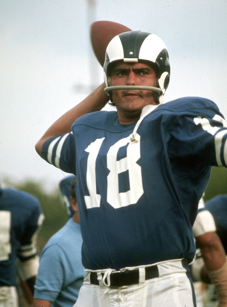 Roman Gabriel #18 of the Los Angeles Rams warms up during an NFL football game circa 1969. Gabriel played for the Rams from 1962-72.