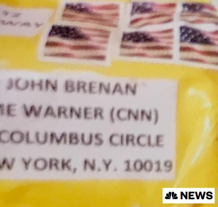 The envelope that contained a possible device sent to CNN. Former CIA Director John Brennan's name is misspelled.