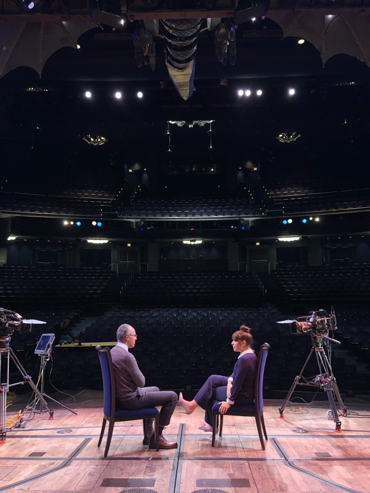 Lester Holt and Jessica Vosk on stage at Gershwin Theater in New York City
