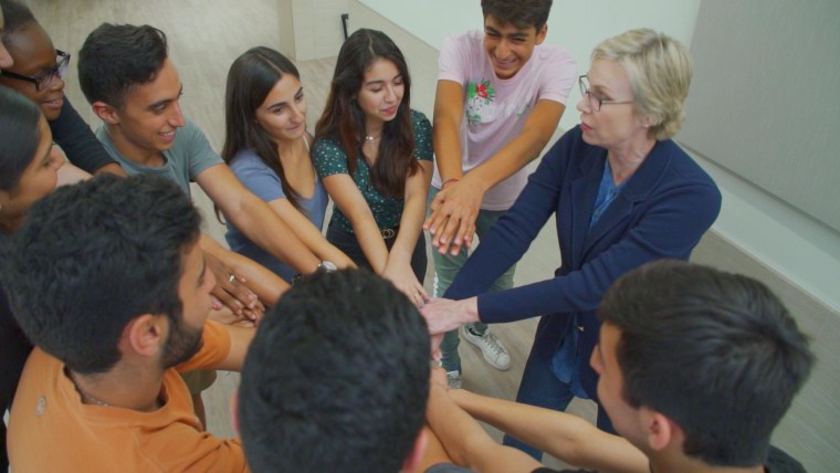 Actress Jane Lynch provides advice about confidence and helps prepare young people before their talent show at the Collins &amp; Katz YMCA in Los Angeles.