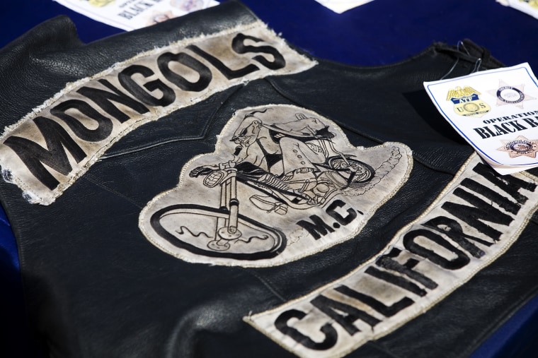 A seized Mongols patch and vest is on display during a press conference in Los Angeles on Oct. 21, 2008.