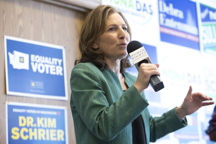 Kim Schrier, running for a House seat in Washington's 8th Congressional District, at a Human Rights Campaign event in Auburn, Washington, on Tuesday.