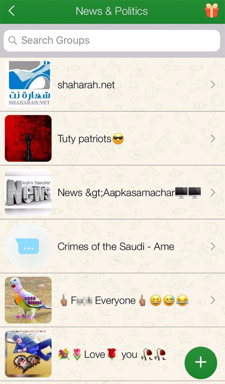 Screenshot of a third-party app for finding WhatsApp groups to join without being invited.