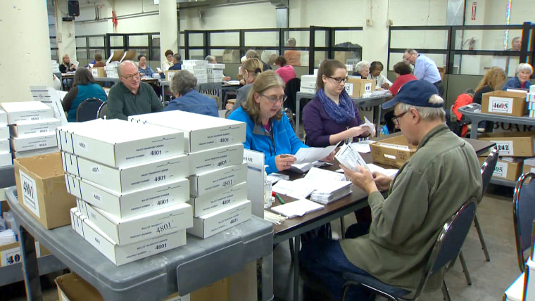 Paper ballots being sorted that have been sent in by residents of Oregon.