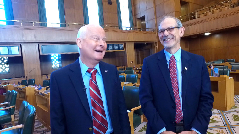 Current Secretary of State Dennis Richardson, a Republican, and one of his predecessors, Phil Keisling, a Democrat.