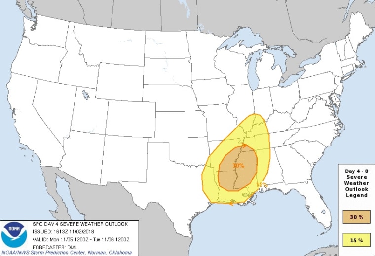 The area of concern for severe weather and tornadoes on Election Day, Nov. 6, 2018.