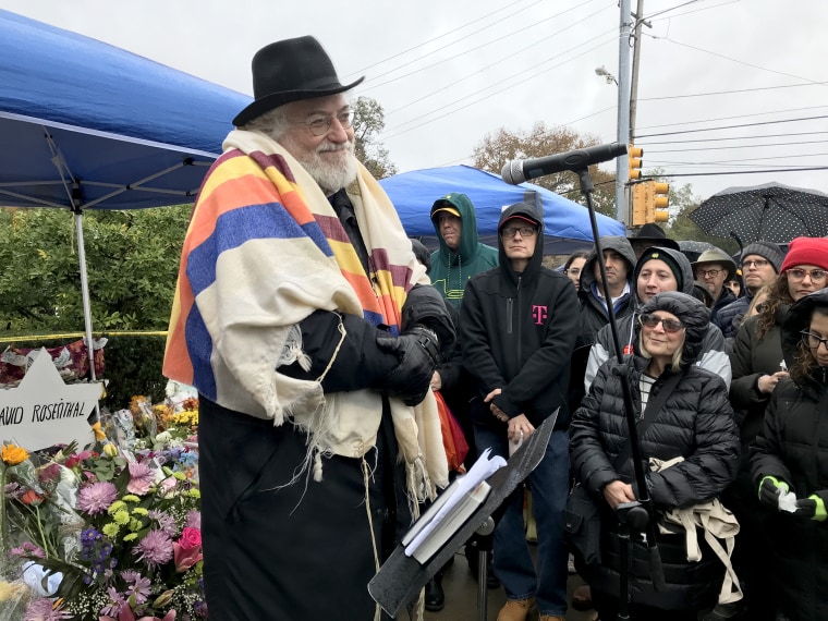 Rabbi Chuck Diamond, a former rabbi at the Tree of Life Synagogue, leads a Shabbat service outside the synagogue on Nov. 3, 2018 in Pittsburgh.