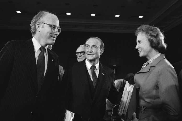 O'Connor greets Sen. Patrick Leahy, D-Vt., left, and Sen. Strom Thurmond, R-S.C., before the start of her confirmation hearings on Capitol Hill on Sept. 10, 1981. Thurmond chaired the Judiciary Committee.