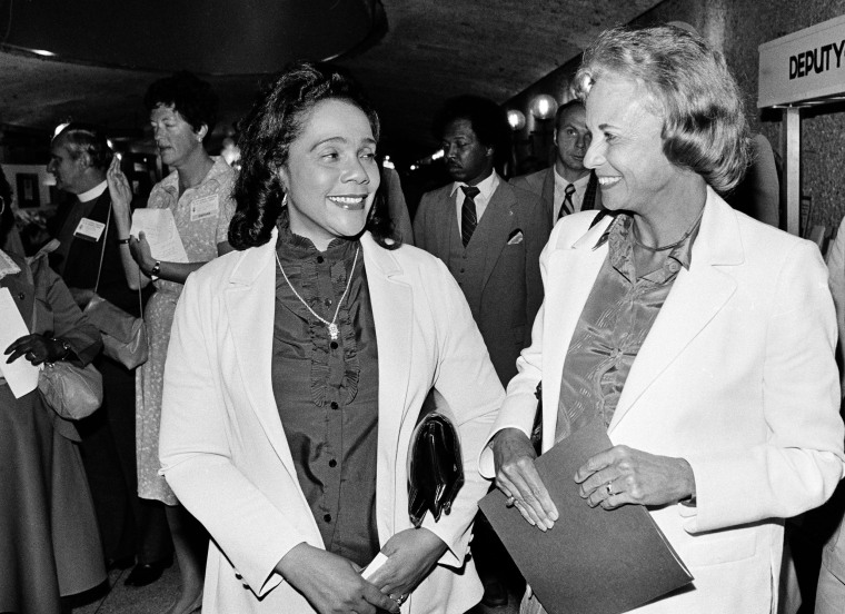 Sandra Day O'Connor greets Coretta Scott King, widow of the slain civil rights leader Martin Luther King, at the Episcopal Church Convention in New Orleans where they appeared on a panel on Sept. 8, 1982.