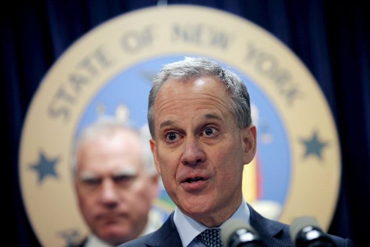 Image: New York Attorney General Eric Schneiderman speaks at a news conference with other U.S. State Attorney's General to announce a state-based effort to combat climate change in the Manhattan borough of New York City
