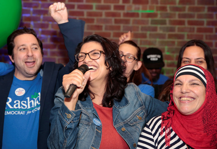 Image: Democratic U.S. congressional candidate Rashida Tlaib celebrates with her mother at her midterm election night party in Detroit,