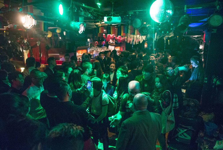 People attend a fundraiser for marriage equality in Taiwan at The Stonewall Inn in New York