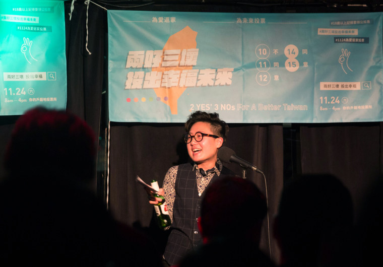 Wen Liu, a Taiwanese-American activists, speaks at a fundraiser for marriage equality in Taiwan at The Stonewall Inn