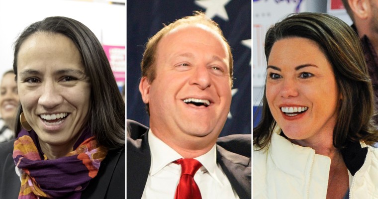 Sharice Davids, Jared Polis and Angie Craig