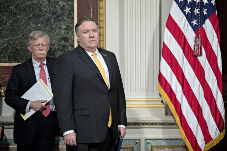 John Bolton and Mike Pompeo at a meeting in Washington, D.C. in October