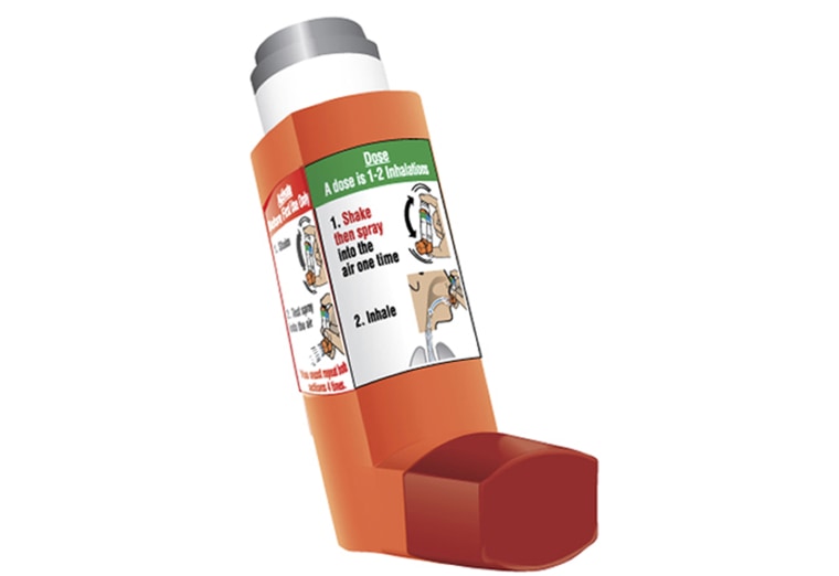 This undated product image provided by Amphastar shows Primatene Mist. A new version of the once-popular asthma inhaler Primatene Mist will soon return to U.S. stores. The Food and Drug Administration on Wednesday, Nov. 7, 2018, approved its over-the-counter aerosol inhaler for ages 12 and up.