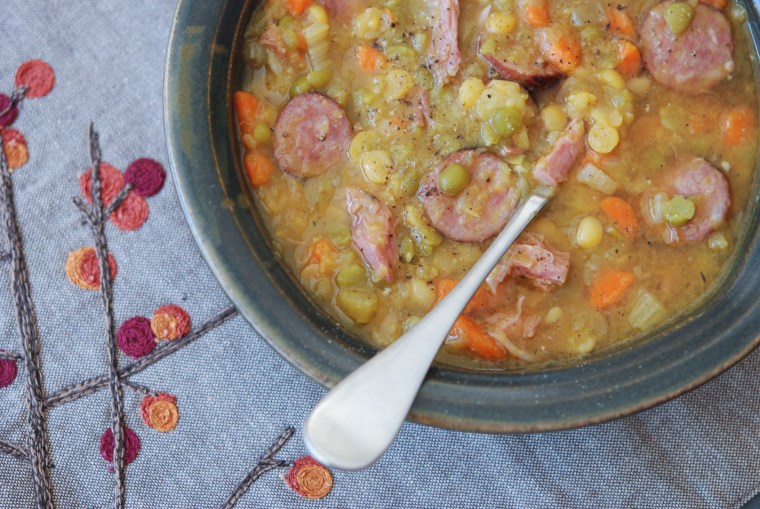 Andrew Zimmern calls his Kielbasa Split Pea Soup "a stick to the ribs meal in a bowl that simply can’t be beat."