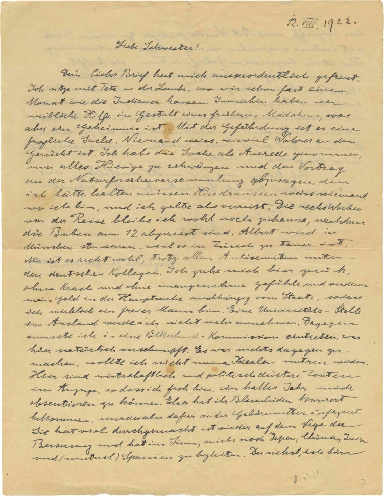Image: A copy of a 1922 letter Albert Einstein wrote to his younger sister, Maja