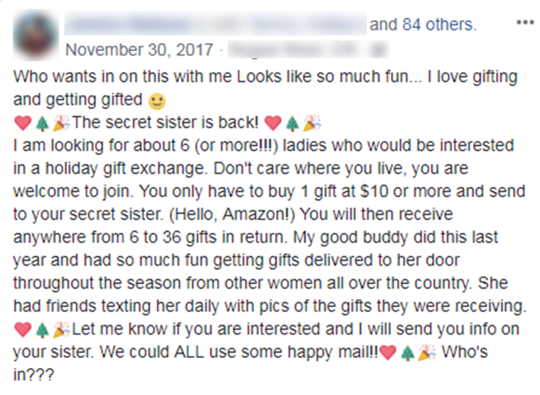 An example of the "secret sister" posts going around Facebook