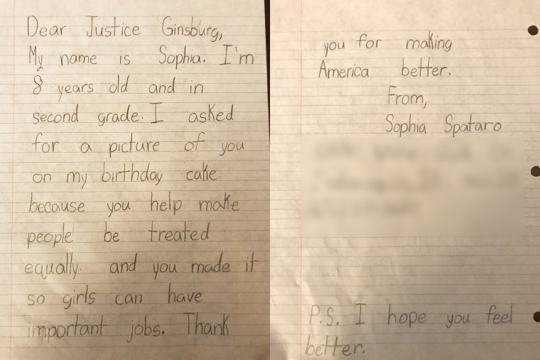Sophia Spataro loves history and idolizes Ruth Bader Ginsburg and for her 8th birthday she asked for a RBG cake. She sent the Supreme Court Justice a note to thank her along with a picture of the cake.