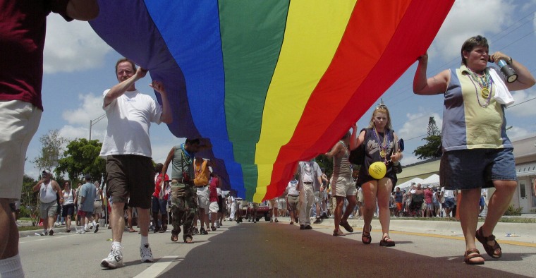 People walk during the Stonewall Street Festival and Parade in Wilton Manors, Florida, in 2004.