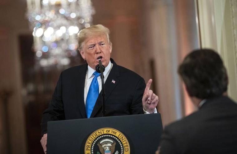 President Donald Trump points at CNN White House correspondent Jim Acosta during a news conference in the East Room of the White House on Nov. 7, 2018.