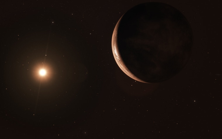An artist's impression of the newfound "super-Earth" world and its host star, the red dwarf Barnard's star.
