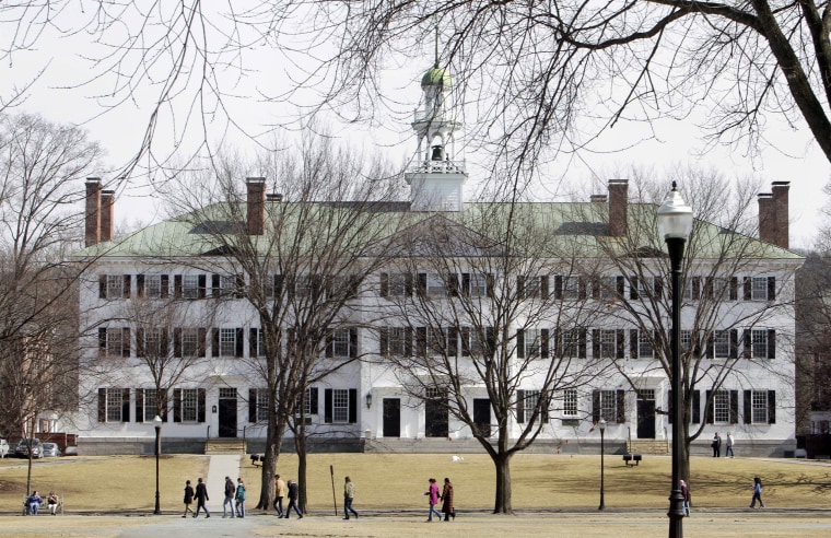 Students walk across the Dartmouth College campus in Hanover, New Hampshire.