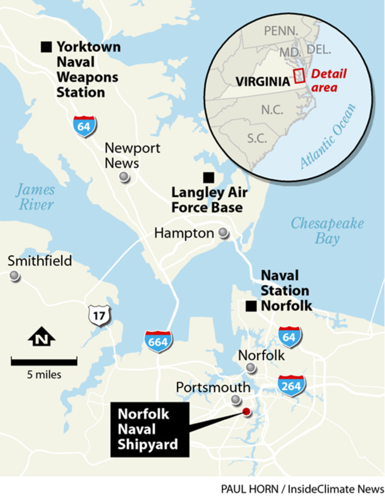 Image: Map of the Norfolk Naval Shipyard at the foot of Chesapeake Bay.