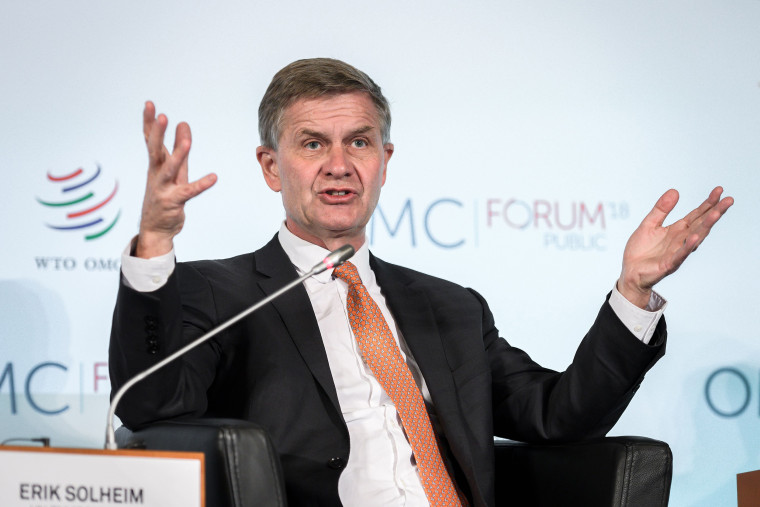 United Nations Under-Secretary-General for environment Erik Solheim speaks during a debate on sustainable trade at the World Trade Organization headquarters in Geneva on Oct. 2, 2018.