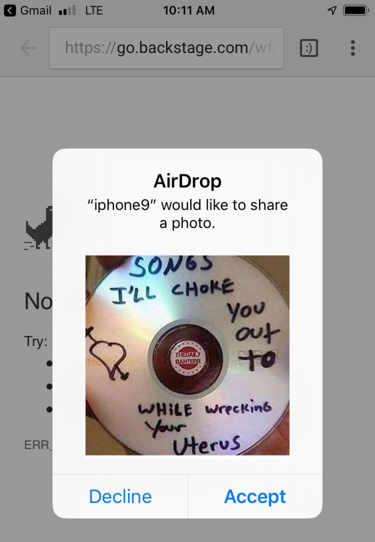 An AirDrop sent to Abigail Mentzer from an anonymous source while she rode the subway in New York City in October.