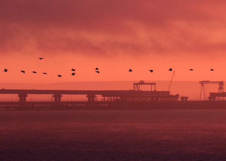 Image: The road-and-rail bridge which connects the Russian mainland with the Crimean Peninsula