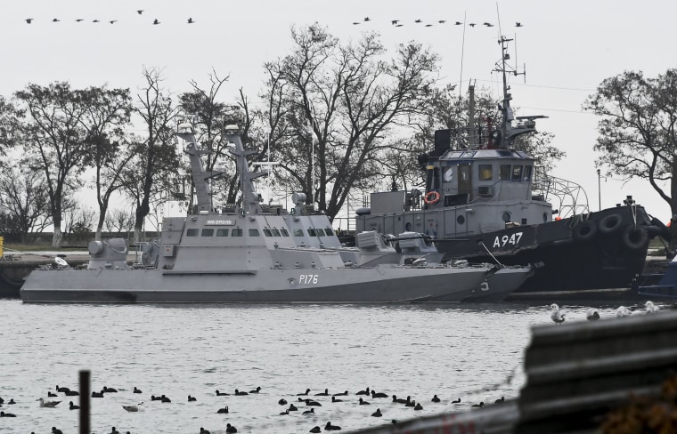 Image: The three Ukrainian ships docked in Kerch, Crimea, on Monday.