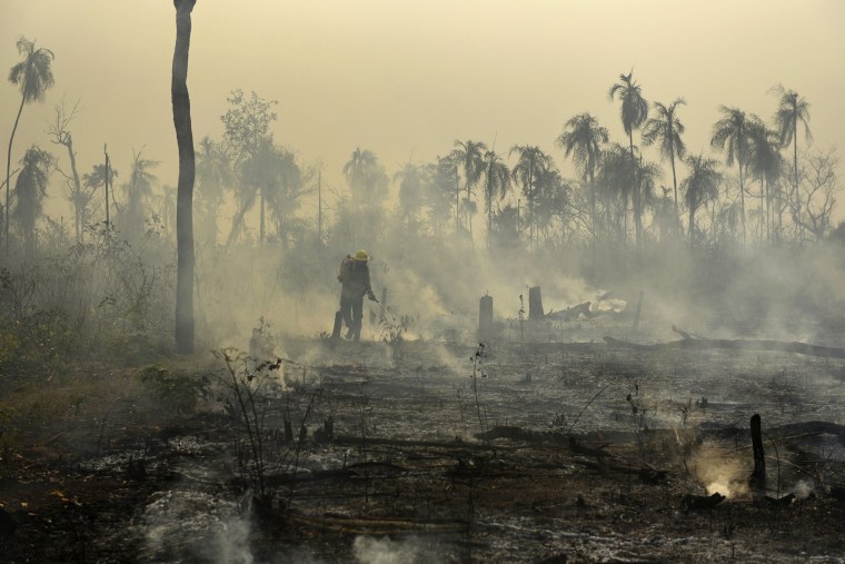 Members of the National Center to Prevent and Combat Forest Fires fight a forest fire on Porquinhos indigenous lands in Maranhao state in Brazil on Sept. 26, 2017.
