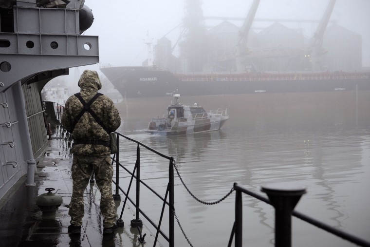 Image: A military vessel moored in Mariupol, Ukraine