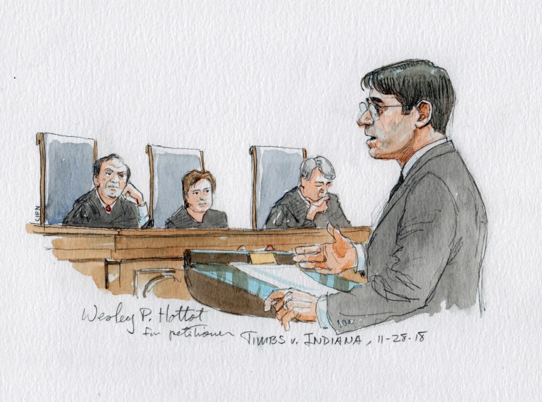 Attorney Wesley Hottot argues for Tyson Timbs at the Supreme Court on Nov. 28, 2018, in this courtroom sketch.