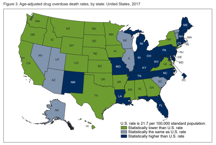 Image: Age-adjusted drug overdose death rates, by state: United States, 2017