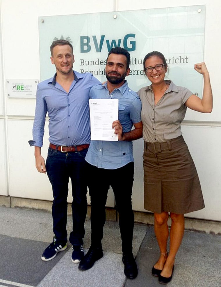 Navid Jafartash, middle, with two members of Queer Base, an Austrian organization that works with LGBTQ asylum-seekers. 