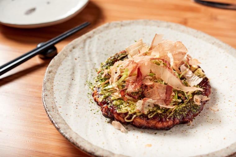 Okonomi-latkes, a popular dish served at Shalom Japan during Hanukkah.