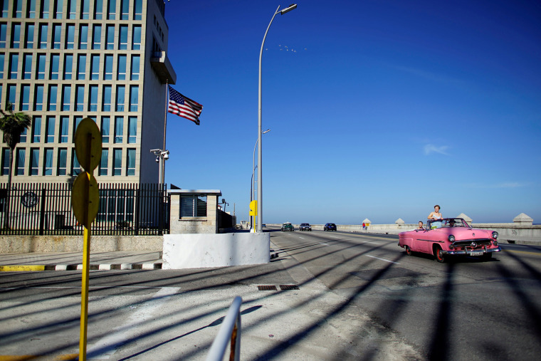 Tourists drive by the United States Embassy in Havana on Nov. 1, 2018.